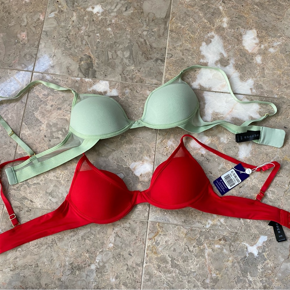 TWO Pepper all-you bras (one pistachio mesh, one chili satin)!!!!